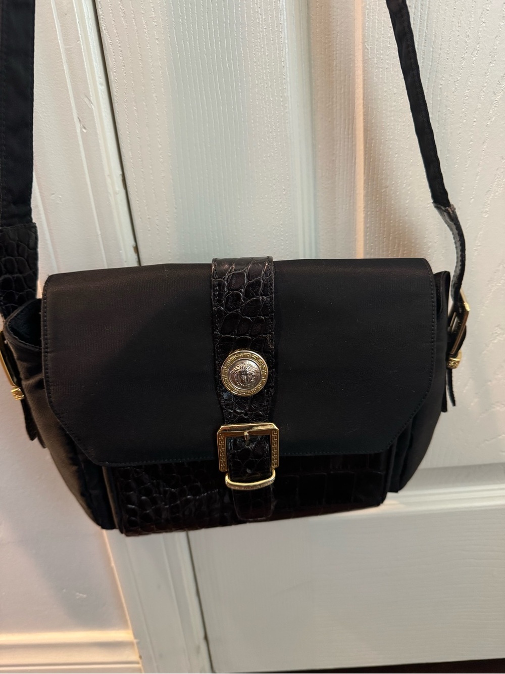 Vintage 90s Gianni Versace Black Nylon Croc embossed Leather Crossbody Medusa